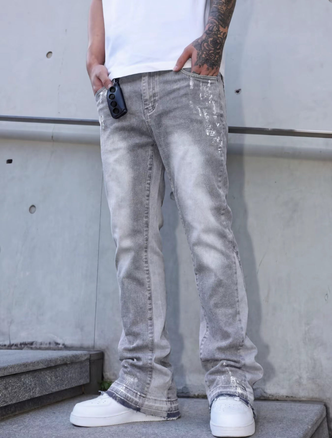 VORTEXA™ Flare Jeans Grey – Vintage Wash Streetwear Denim